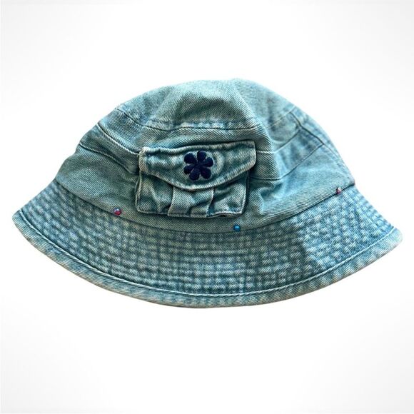 90s Vintage Kids Denim Bucket Hat Front Mini Velcro Pocket Flower Embroidery - Picture 2 of 9